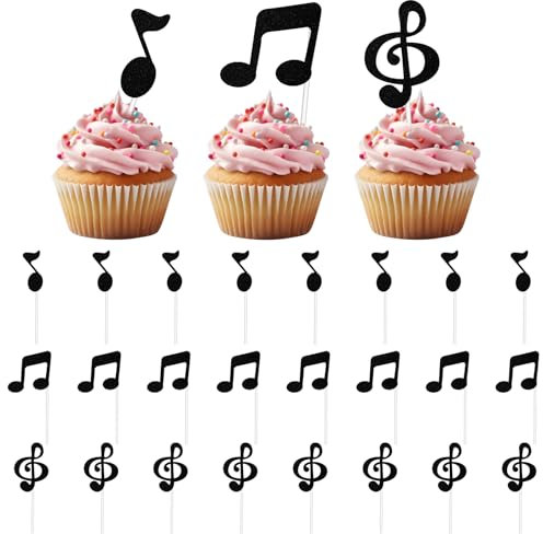 24 Stück Glitzer Schwarz Kuchen Deko, Musiknoten Ausschnitte Tortendeko, Cupcake-Topper Mit Musiknoten, Musikalisches Symbol Cupcake Topper, Musik Party Dekorationen Für Baby Shower