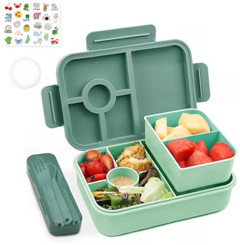 Bugucat Brotdose Kinder mit Fächern 1300ML 3PCS, Lunchbox Kinder Auslaufsicher mit 4 Fächern, Bento Box Lunch Box mit Fächern für Erwachsene, Frühstücksbox Vesperdose für Jungen&Mädchen Dunkelgrün