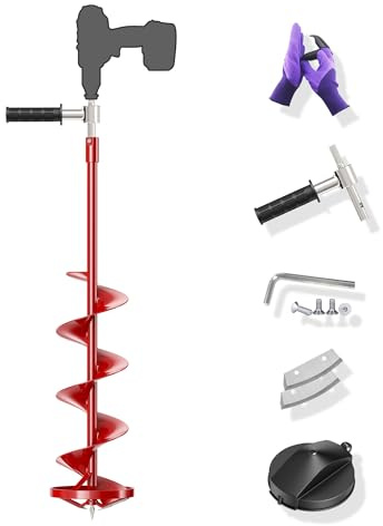 LONGRUNEW Eisbohrer, 8“ roter Eisbohrer Erdbohrer mit Rutschfestem Griff und Austauschbaren Klingensätzen für Gartenbohrer, Bit-Bohrer, Handbohrer, Puckbohrer