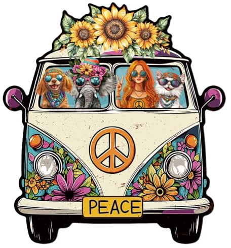 WADORN Metall Blechschild Im Vintage Mit Hippie Bus, 30.1x28cm Lustiges Blechschild Im Retro Hippie Stil Für Zuhause Hippie Frau Tiere Wandkunst Poster Plakette Dekor Für Bar Club Wohnzimmer Dekor