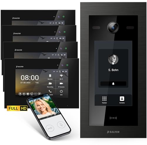 Balter EVO-HD Video Türsprechanlage mit Touchscreen Türstation, Video Türklingel, Smartphone App, 1 Familienhaus, 4X 7 Zoll Monitore, Türklingel mit Kamera Full HD, 2 Draht Bus, 175° Weitwinkel, RFID