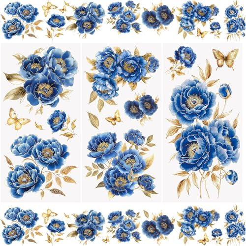 WANDIC 3 x Transfer-Aufkleber, blaues Blumenmuster, wasserdicht, Möbel, Handwerk, Verzierungen für DIY, Scrapbooking, Fotoalben, 15 x 30 cm