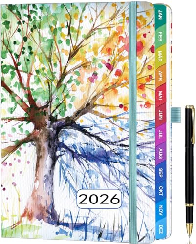 Kalender 2026 A5 – Deutsch, Wochen- und Terminplaner von Januar bis Dezember, mit Monatsübersicht, bunten Registertabs, farbenfrohen Innenseiten, praktischer Innentasche & Stifthalter – aum-des-Lebens