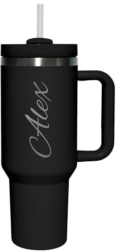 Thermobecher personalisiert „Wunschname“ mit Gravur veredelt - Trinkbecher mit Deckel und Strohhalm 1,2 l / 40 oz - personalisiertes Geschenk Geburtstag Weihnachten - Farbe Black