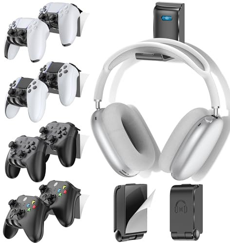 Soporte para Auriculares y Mando, Soporte Universal de Pared para Mandos Xbox/PS5/PS4/Nintendo Switch, Plegable Soporte 8 Mando y Cascos pared, Organiza Accesorios Gaming, Negro, 4 Piezas