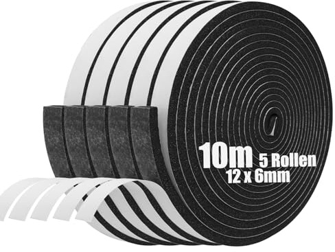 SDLDEER Gomma espansa autoadesiva, in gommapiuma, per finestre, guarnizioni per porte, sigilli anti-collisione, isolamento acustico (12 mm (L) x 6 mm (D) x 10 m (L), 5 rotoli)