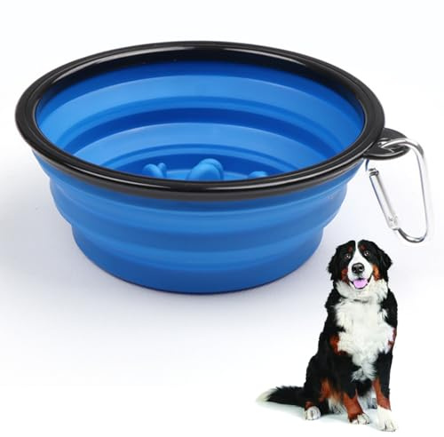 1 Stück Hundenäpfe Faltbar Hundenapf, Slow Feeder Hundenapf, Silikon Wassernapf für Hunde Unterwegs, Tragbar Auslaufsichere Reisenäpfe mit Karabiner für Wasser und Futter (350ml)
