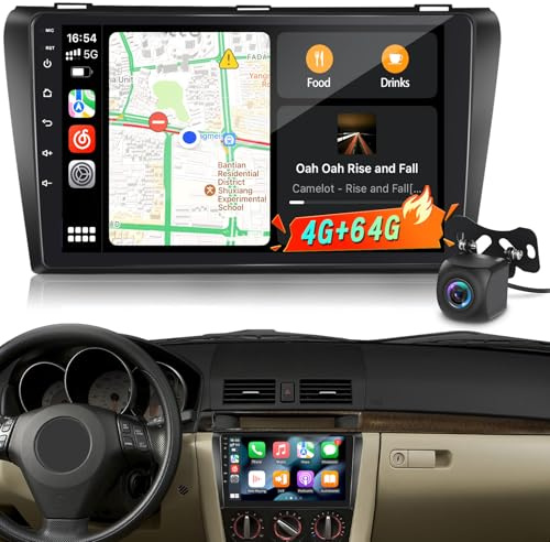 4G+64G Android Radio para Mazda 3 2003-2009 con Pantalla táctil 9 Pulgadas 1280x720, CarPlay & Android Auto Inalámbrico, DSP 32EQ, Autoradio con WiFi, GPS, Bluetooth 5.0, SWC + Cámara de Marcha Atrás