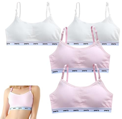 JYCY 4 Pack Kids Bra Girls Sports Bras First Bra Girls Tops | Age 8-14Teen Cotton Puberty with Removable Padded Cups and Adjustable Underwear