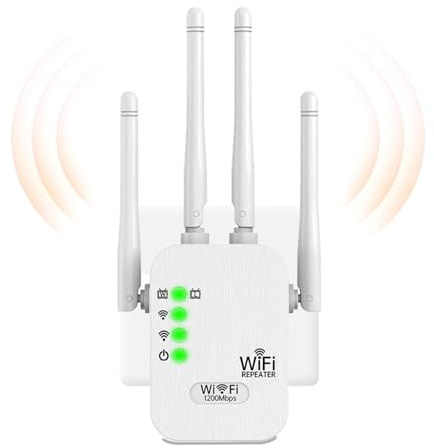 Repeteur WiFi Puissant 1200Mbps Double Bande (5GHz + 2.4GHz), Amplificateur WiFi avec 4 Antennes, Mode Répéteur/Routeur/AP, 2 Ports LAN, Compatible Toutes Box Internet, Intérieur/Extérieur