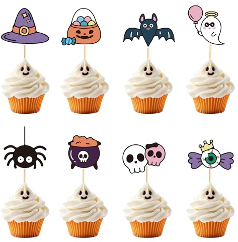 Arthsdite 24Pcs Halloween Cupcake Toppers Bat Little Boo Spider Cupcake Picks Witch Hat Spooky Ghost Candy Skeleton Cake Decorations for Halloween Theme Kids Birthday Party Supplies