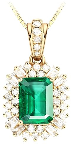 Calefee Halskette Labor Smaragdgrün, Goldkette Damen 750 Echtgold mit Labor Smaragd 1.6ct und Moissanite, Echtschmuck für Frauen