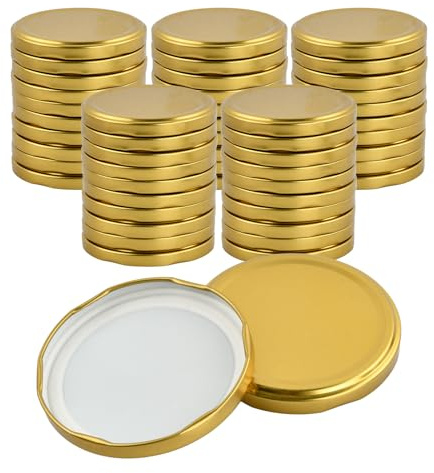 Ziyonix Lot de 50 Couvercles à Visser, Couvercle Pot Confiture 82mm Couvercle avec 6 Dents D'orge Bouchons à Vis en Métal pour Verres à Collision (Or)
