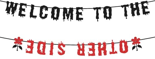 Willkommen auf der Anderen Seite Banner, Fertig Aufgefädelt Glitzer Halloween Partydekoration Gruseliges Banner für Kinder und Erwachsene Zimmerdekoration