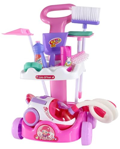 Uanqfegy Kids Role Play Cleaning Cart Set, Working Vacuum, Broom & Spray Bottle for Toddlers 1-3, Educational Pretend Play