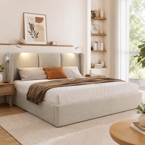 LieABak Boxspringbett 160x200cm mit Stauraum, Hydraulisch Stauraumbett mit Bettkasten, Polsterbett Doppelbett mit Lattenrost, Jugendbett Funktionsbett mit Leselampe, Leinen (Beige, 160x200cm)
