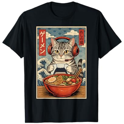Cute Kawaii Gamer Cat Funny Ramen Retro Japanese Cat Gaming T-Shirt