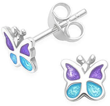 Children's Sterling Silver Butterfly Earrings Turquoise Blue & Purple Enamel - SIZE: 6mm. Gift Boxed. 5605BL