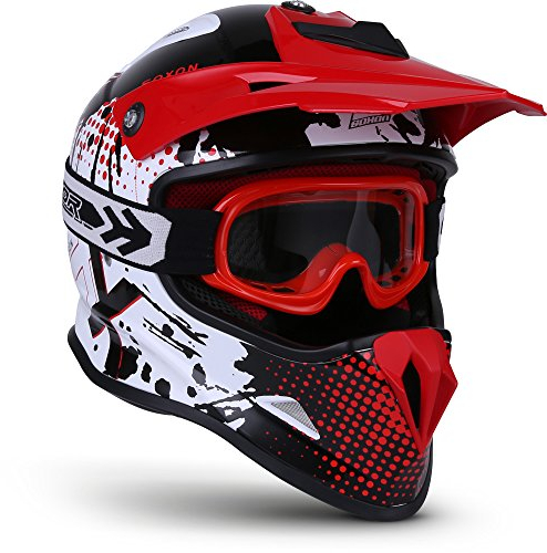 SOXON® SKC-33 Set „Fusion White Red“ · Kinder Cross-Helm · Motorrad-Helm MX Cross-Helm MTB BMX Cross-Bike Downhill Off-Road Sport · ECE 22.05 Schnellverschluss SlimShell Tasche XS (51-52cm)