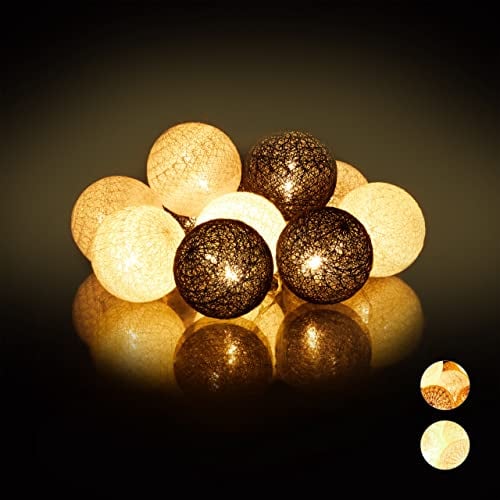 Relaxdays, weiß-grau-schwarz LED Lichterkette mit 10 Baumwollkugeln, batteriebetrieben, Stimmungslichter, Kugeln 6 cm Ø, PS, Baumwolle
