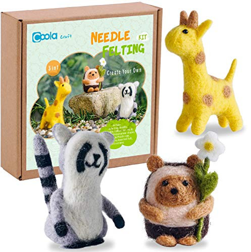 Nadelfilz-Anfänger-Set – Wolle zum Filzen süßer Tiere, Anleitung, Kunst und Kisten, einfaches lustiges Familienprojekt inklusive 3-in-1 Giraffe Waschbär Igel Nadelfilz Starter