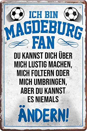 WOGEKA ART Retro Blechschild - Ich bin Magdeburg Fan Fußball - witziger Spruch als Geschenk-Idee zum Geburtstag Weihnachten zur Dekoration 20x30 cm Vintage-Design aus Metall 1729