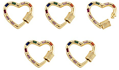PandaHall Lot de 5 mousquetons à vis en forme de cœur en laiton avec oxyde de zirconium coloré plaqué or 18 carats pour porte-clés, sacs à main, colliers, fabrication de bijoux