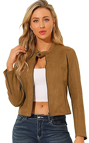 Allegra K Women's Faux Suede Jacket Stand Collar Zip Up Long Sleeve Motorcycle Biker Coat Small Brown