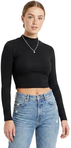 LUXFAB Women’s Turtle Neck Crop Top – Ladies Long Sleeve Plain Stretch Polo Neck Short Top – Casual Slim Fit Mock Neck Jumper Sizes 8-14 Lightweight