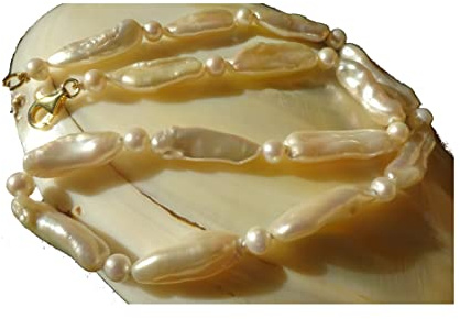 Collier perle de culture d'eau douce forme allongée, perle baroques blanches aux reflets rose