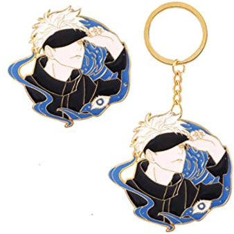 ROSETOR 2 Stück Jujutsu-Kaisen Gojo Satoru Schlüsselanhänger und Brosche Anime Periphere Puppe Anhänger Schlüsselanhänger Charms (STYLE1)