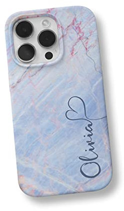 iCaseDesigner Personalised Marble Glitter Flowing Name with Heart Phone Case Compatible with iPhone 14 Plus - 23. Baby Blue and Pink Marble Streaks Vertical Name