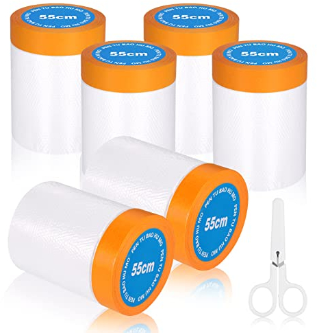 Hejo 6PCS Tape and Drape, 20mx55cm Paint Protection Film with 1 Scissors, Pre-Taped Masking Film, Assorted Paint Tape for Painting, Automotive Painting, Decorating, Furniture Covering