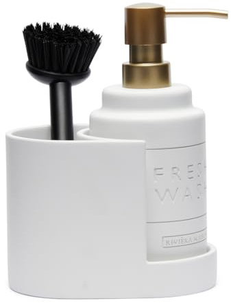 Riviera Maison Spülbeckenorganisator, seifenspender Set mit Spülbürste, seifenpumpe Küche, pumpspender 380 ml - Fresh Dispender Kitchen Set - Weiß, Polyresin - (LxBxH) 14.5x9.5x18.5