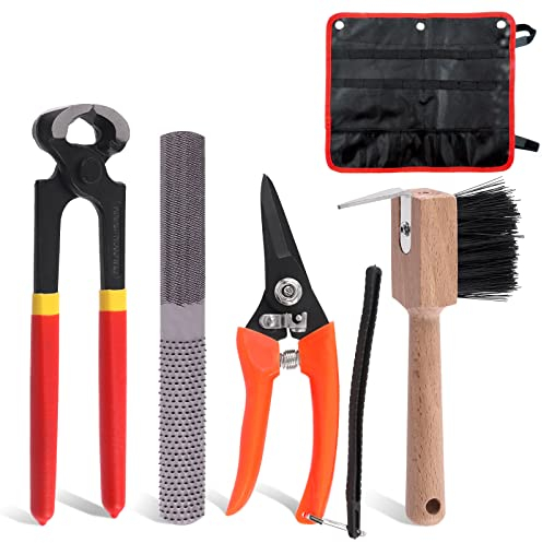 Glarks Kit de herramientas profesionales de 5 piezas, pinzas para pezuñas, escofina, tijeras de corte de pezuñas, cepillo de pezuña con kit de bolsa de almacenamiento, cortador de pezuñas de escofina,
