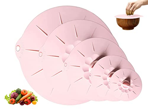 Hitopin 5PCS Couvercle de Bol en Silicone Réutilisables, 5 Tailles Différentes Couvercles en Silicone, Couvercle Silicone Alimentaire, pour Bols, Casseroles, Assiettes,Tasses, Canettes (Rose)