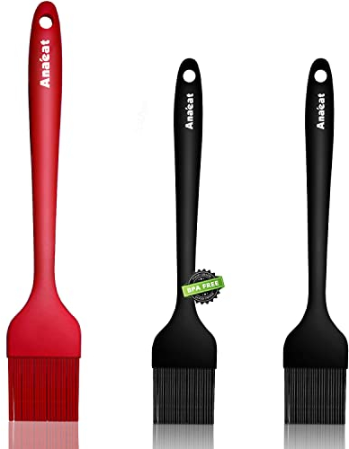 Anaeat High Heat Resistant Silicone Basting Pastry Brush Set of 3- Hygienic One-Pieces Design Spread Oil Butter for BBQ Grill Barbecue Baking Kitchen Cooking - BPA Free & Dishwasher Safe (Black & Red)