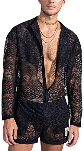 Caxndycing Herren 2 Stück Sexy Transparent Schlafanzug Sommer Hohlen Netz Hausanzug 2 Teile Durchsichtig Langarm Hemden und Shorts Set Männer Mode Sleepwear Loungewear mit V-Ausschnitt