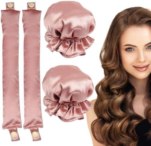 Lockenstab ohne Hitze, keine Hitze, mit weichen Satin-Lockenkappen für langes und mittleres Haar, zum Schlafen in Lockenwicklern, Sets mit 2 Stück, für Frauen und Mädchen (Rosa)