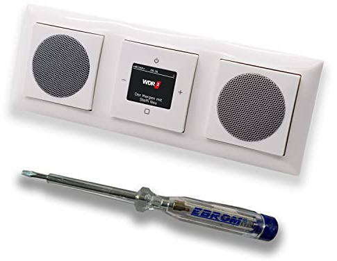 Busch Jäger DAB+ (DAB PLUS) Unterputz Radio 8215U-101 Balance SI alpinweiß, Komplett-Set mit 2 x Lautsprecher, Abdeckungen, Rahmen + EBROM Phasenprüfer z. Montage der Geräte - 8215 U – 101