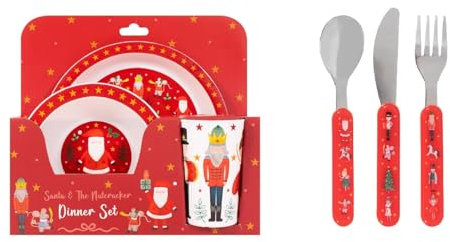 Christmas Santa 5 Piece Melamine Plate Bowl Cup + 3 Piece Cutlery Set | Santa & Nutracker Set (1 x 5 Piece Set)