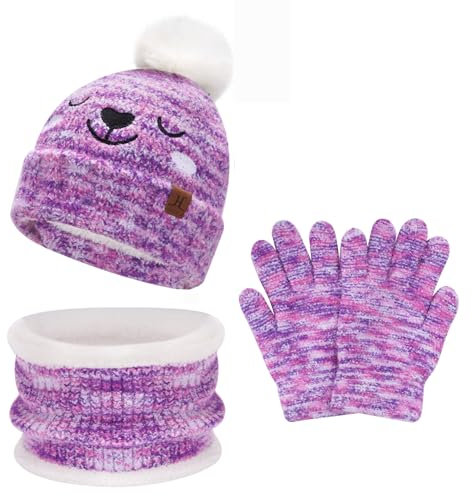 Kinder Winter Warm Mütze Loop Schal Touchscreen Handschuhe Set Pompom Wintermütze Strickmütze Beanie Schlauchschal Winterhandschuhe mit Fleece Geschenke für 5-8 Jahre Mädchen Jungen, Gebatikt Lila
