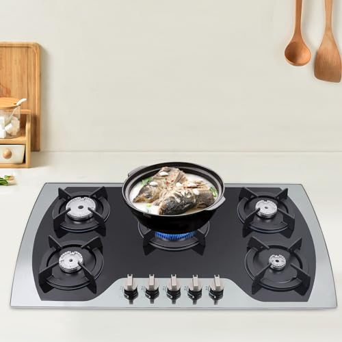 Cocina de gas de 5 fuegos, de cristal con protección automática de termopares, empotrable, 5 zonas, gas natural (20 mbr)/gas propano (30/50 mbr), 90 cm