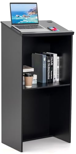 GIANTEX Podium, Hostessenständer für Redner mit Ablagefläche & Kabellöchern, Rednerpult, Kanzel für Kirche, Stehpult aus Holz für Klassenzimmer, Büro, Restaurant, Seminar, 58 x 40 x 117cm, schwarz