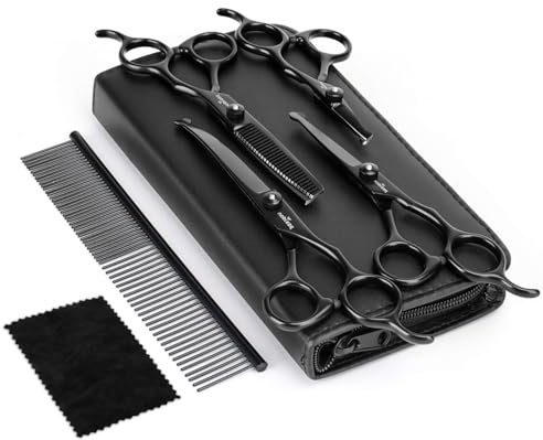 Nobleza Hundeschere Set Profi, 6 in 1 Hundehaare Schneiden, 4CR Edelstahl Hunde Schere Fellschere mit Rundspitze, Inkl Effilierschere, Gerade und Gebogene Schere, Fellpflegekamm, für Katze Haustier