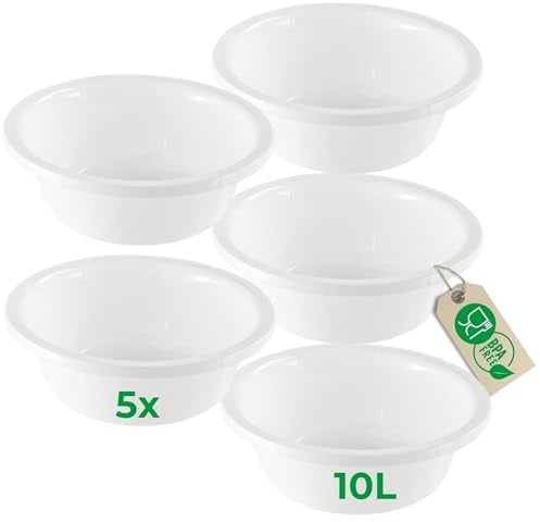 Novaliv 5x Spülschüssel Rund 10L, D40 cm, Weiß, BPA-frei Spülmaschinenfest Ideal für Küche und Camping, Rundschüssel, Große Plastikschüssel, Waschschüssel, Kunststoffschüssel, Teigschüssel