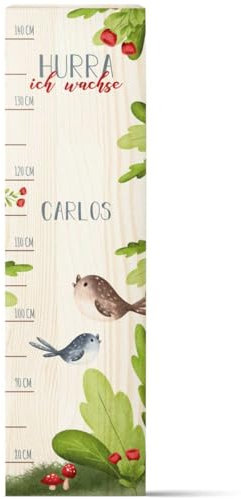 GRAVURZEILE Messlatte für Kinder aus Holz - Tiergruppe Wald - mit Namen für Kinderzimmer - Skala misst 80-140 cm - Größe 20 x 70 x 2 cm - Geschenk zur Geburt für Mädchen & Jungen - Vogel