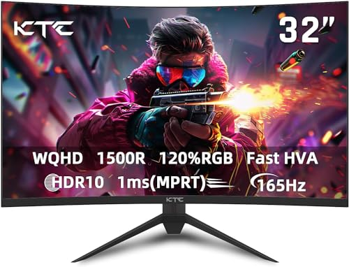KTC Curved Gaming Monitor 32-inch, 180Hz Refresh Rate, 2K QHD 2560x1440 HVA Curved Screen, 1ms, 1500R, 125% sRGB, FreeSync, HDR10, Low Blue Light, VESA Mount, For FPS MOBA RAC MMORPG RTS Gaming Play