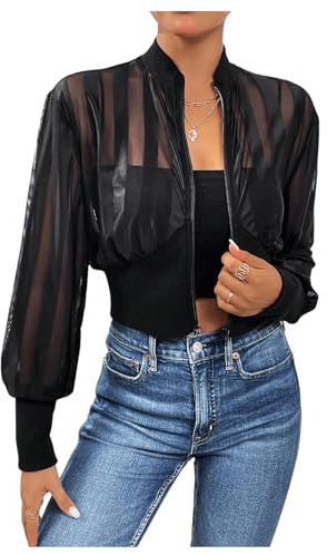 GORGLITTER Bomberjacke Damen Leichte Jacke mit Netzstoff Casualjacke Langarm Fliegerjacke Kurz Blouson Jacke mit Zip Up Schwarz L