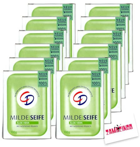 CD Milde Seife mit Aloe Vera VEGAN & PFLANZLICH 100g | Plastikfrei, mit natürlichem Glycerin, neues handliches Format + Zama4Zingo Karte (Aloe Vera, 12er Pack)